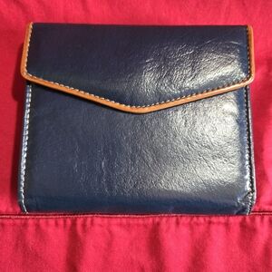 Rolfs Navy Leather Envelope Wallet with Tan Leather Trim EUC